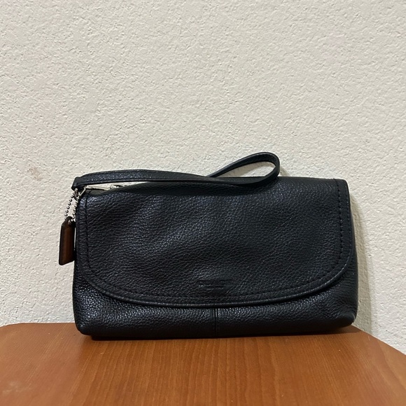 COACH Park Pebbled Black Leather Wristlet Brown Hangtag Travel Handbag Business - Picture 1 of 11